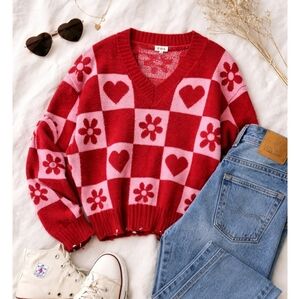 POL Womens Medium Red Pink Heart Flower Checkerboard V Neck Crop Sweater